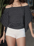 Daiiibabyyy  Elegant Striped Off Shoulder Blouse with Halter Neck and 3 4 Batwing Sleeves Perfect for Stylish Fall Outfits