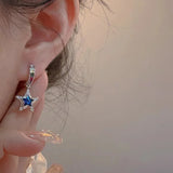 Daiiibabyyy Blue Rhinestone Star Pentagram Hoop Earrings for Women Hot Girls Crystal Ear Bone Nail Piercing Earring Y2K Fashion Jewelry Gift