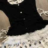 DAIIIBABYYY  -  Japanese Two Pieces Set Women Patchwork Grunge Bandage Bow T-shirt + Y2k Aesthetic Printing Mini Cake Skirts Harajuku Outfits