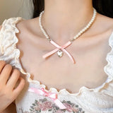 Daiiibabyyy Korean Fashion Y2K Goth Pink Bowknot Heart Pendant Pearl Beaded Clavicle Chain Necklace Women Aesthetic EMO Jewelry Accessories