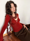 Daiiibabyyy  Retro Spicy Girl Style Niche Instagram High End Lace Patchwork Design Sexy Twisted Hollow Out V-neck Base Shirt