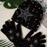 Daiiibabyyy  Autumn Inlaid Diamond Punk Style Gloves Hat Two-piece Set Y2K Subculture Trend Cool Star Elements Cold Hat Fashion Warm Hats