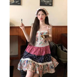 DAIIIBABYYY  -  Ins Camis Dress Lace-up Printed Ruffles Sexy Hot Girls Dresses Contrasting Patchwork Lace A-line Skirts Preppy Female Clothing