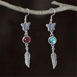 Daiiibabyyy  Retro Temperament Long Sliver Color Butterfly Feather Tassel Blue Crystal Dangle Earrings for Women Bohemian Charm Jewelry Gifts