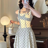 DAIIIBABYYY  -  Elegant French First Love Gentle Style Kikyo Square Neck Polka Dot Dress Retro Style Slimming Strap Dresses