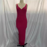 Daiiibabyyy 2024 Summer Elegant Knitted Ribbed Slim Long Dress Women Solid V Neck Sleeveless Split Casual Vacation Commuting Street Robe