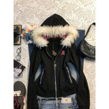 Daiiibabyyy  Subcultural Y2k Letter Print Hooded Skull Sweatshirt Autumn Loose Cardigan Coat Women 2025 Fashion Black Women's Jackets
