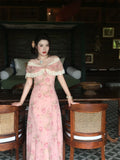 Daiiibabyyy  Vintage Floral Midi Dress Women Elegant Slash Neck Lace Dresses Summer Vacation Korean Sexy Off Shoulder Bodycon A Line Vestidos