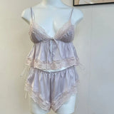 Daiiibabyyy  French Pure Lingerie Soft Silk Suspender Sleep Tops with Shorts Sexy Pajamas Women's Sleepwear V-Neck Loungewear Set Night Wears