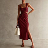 Daiiibabyyy  Elegant Side Slit Hight Waist Slim Summer Dress  Women Casual Draped Party Dresses Fashion Square Neck Hollow Out Long Dress