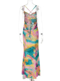 DAIIIBABYYY  -  Tie dye Cowl Neck Summer Dress Women Open Back Strappy Sleeveless Maxi Long Ombre One-piece Summer Holiday Beachwear