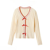 DAIIIBABYYY  -  Sweet Girl V-neck Bow Long-sleeved Knitted Sweaters Autumn and Winter Korean Style Slim Fit Versatile Temperament Pullover Tops