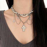 Daiiibabyyy  Punk Gothic Dark Drip Oil Cross Pendant Necklace for Women Men Y2K Metal Willow Nail Choker Leather Clavicle Chain Jewelry