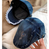 DAIIIBABYYY  -  Fashion Hot Diamond Bow Lace Edge Berets for Women Spring and Summer Casual Versatile Korean Version Retro Denim Forward Hat