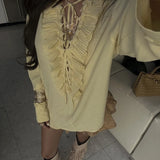 Daiiibabyyy  2025 Elegant Sexy Chiffon Summer Tops Pleated Ruffles Trim V-neck Long Sleeved Sheer Loose Shirts Blouse Holiday Streetwear