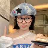Daiiibabyyy  Japanese Retro Star Embroidered Denim Berets Cap Y2K Summer and Autumn Casual Versatile Literary Personality Women's Hats