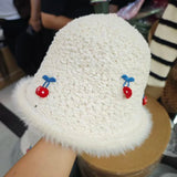 Daiiibabyyy  Cute Cherry White Plush Fisherman Hat for Women Autumn and Winter High-End Hat Warm Bucket Hat