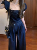 DAIIIBABYYY  -  Casual Denim Suit Women's Summer Bow Short-sleeved Top High Waist Wide Leg Pants Two-piece Set Fashion Female Clothes