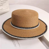 DAIIIBABYYY  -  Summer Elegant Pearl Chain Flat Sun Hat Women's Straw Panama Wide Brim Anti-UV Beach Cap Feminino Chapeu Girl Topee