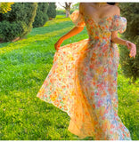 Daiiibabyyy Shoulder Bubble Sleeve Floral Sling Spring/summer 2024 New Long Skirt Design Elegant Midi Dresses Vintage Beach Strap Kawaii