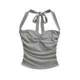 Daiiibabyyy  New Women's Fashion Sexy Backless Halter Neck Tie-up Ruched Tube Top Ultra-short Camisole Top In Solid Color Pure Desire F1MR