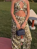 Daiiibabyyy  Women Elegant Sleeveless Hight Waist Party Romper Fashion Pattern Print Slim Playsuit Sexy Halter Neck Hollow Out Long Jumpsuit