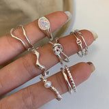 Daiiibabyyy Irregular Geometric Moonstone Silver Open Rings for Women Fashion Design Simple Personality Combination Ring Wholesale