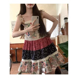 DAIIIBABYYY  -  Ins Camis Dress Lace-up Printed Ruffles Sexy Hot Girls Dresses Contrasting Patchwork Lace A-line Skirts Preppy Female Clothing