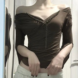 Daiiibabyyy  Beaded Design Low Cut V-neck Pleated One Shoulder Split Half Sleeved Top Sexy Temperament Spicy Girl T-shirt