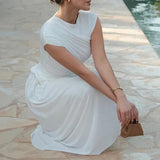 DAIIIBABYYY  -  Women's Fashion Draped Solid Long Dress Casual Sleeveless Patchwork Maxi Dress Elegant O Neck High Waist Slim Party Dresses