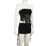 DAIIIBABYYY  -  Women Club Party Sexy Skirt Suits Transparent Mesh Split Tube Top and Drawstring Low Rise Mini Skirts Two Piece Sets Lady