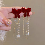DAIIIBABYYY  -  Wine Red Flocking Bow-knot Rhinestone Pearl Tassel Drop Earrings for Women Korean Fashion Winter New Year Party Earring Jewelry