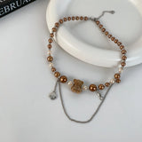 Daiiibabyyy  Little Bear Brown Beaded Splicing Necklace Women's Clavicle Chain