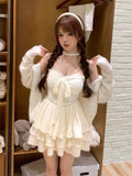 Daiiibabyyy  Winter Sweet Elegant Fashion 2 Piece Sets Women Vintage Cute Bow Design Coats + Mini Dress Japanese Casual Chic Lovely Outfits