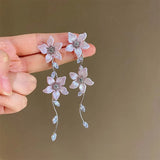 Daiiibabyyy  Fashion Crystal Flower Tassel Drop Earrings for Women Girls Exquisite Zircon Pink Petal Long Earrings Wedding Jewelry Gifts