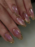 Daiiibabyyy  10 pieces of pure handmade almond-shaped purple glitter cat eye nails with golden circle outlines, simple, fashionable and