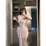 Daiiibabyyy  Vintage French Pink Dresses for Women Summer Jacquard Lace Sexy Spaghttti Strap Dress Party Night Robe Rose Fairy Vestidos