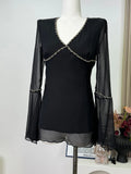 DAIIIBABYYY  -  2025 Spring Women French Vintage Old Money V-Neck Shirt Long Sleeve 2000s Aesthetic Blouses Elegant Tops Design Rhinestone Chic