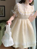 Daiiibabyyy  Spring and Summer French Sweet Bow Lace Embroidered Short Slimming High-Waist Princess Dress for Women