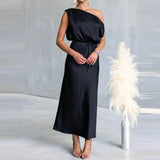 Daiiibabyyy  Temperament High Waist Pleated Dresses Sexy Slash Collar Lace Up Satin Evening Dress Elegant Lady Solid Color Slim Banquet Dress