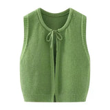 DAIIIBABYYY  -  Women's Solid Color Simple Versatile O-neck Lace-up Knitted Vests Early Autumn Sleeveless Waistcoat Jacket Tops Female Clothing