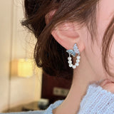 Daiiibabyyy  Exquisite White Imitation Pearl Beaded Tassel Pendant Earrings for Women Fashion Butterfly Inlaid Rhinestone Earrings Jewelry