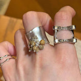 Daiiibabyyy  Silver Color Bowknot Open Ring Neutral Creative Wide Surface Tassel Stackable Ring Punk Cold Tone Street Rock Hand Jewelry Gifts