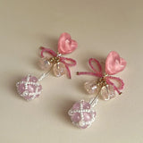 Daiiibabyyy  Fairy Sweet Pink Heart Beaded Bow Opal Ball Lily Flower Drop Multi-element Earrings Women and Girls Elegant Jewelry Gifts