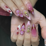 Daiiibabyyy  24Pcs Yellow Pink Gradient Fake Nails 3D Irregular Gilded French False Nails Press on Mid-length Almond Reusable Manicure Tips