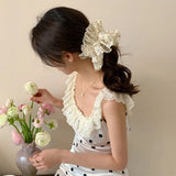 Daiiibabyyy  Women's Scrunchies Korean Version Hair Tie Beige Polka Dot Lace Hair Circle Sweet Hair Circle Elegant Hair Rope Hair Accessories