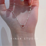 Daiiibabyyy New 925 Sterling Silver Handmade Freshwater Pearl Pairing Stone Love Necklace Simple Moonlight Heart Shaped Pendant Women's Gift