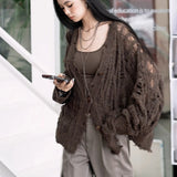 Daiiibabyyy  Hollow Out Knitted Cardigan Women V Neck Hole Y2K Streetwear Loose Sweaters Lazy Wind Long Sleeve Fall Vintage Hottie Sexy Tops