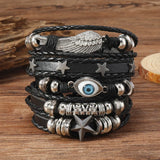 Daiiibabyyy  Ethnic Retro Multi-layer Devil's Eye Angel's Wings Star Black Wax Rope Leather Bracelets for Women Men Trendy Punk Jewelry Gifts