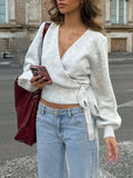Daiiibabyyy  Woman Cardigan Sweater V Neck Solid Color Knit Long Sleeve Tie Waist Open Front Cropped Light Gray Women's Sweater Elegant